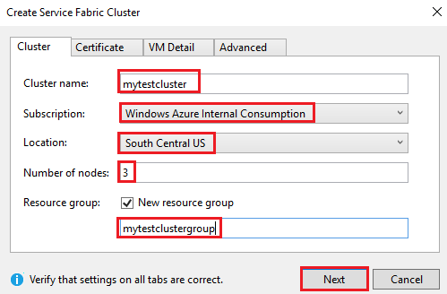 Schermopname van het tabblad Cluster van het dialoogvenster Service Fabric-cluster maken.