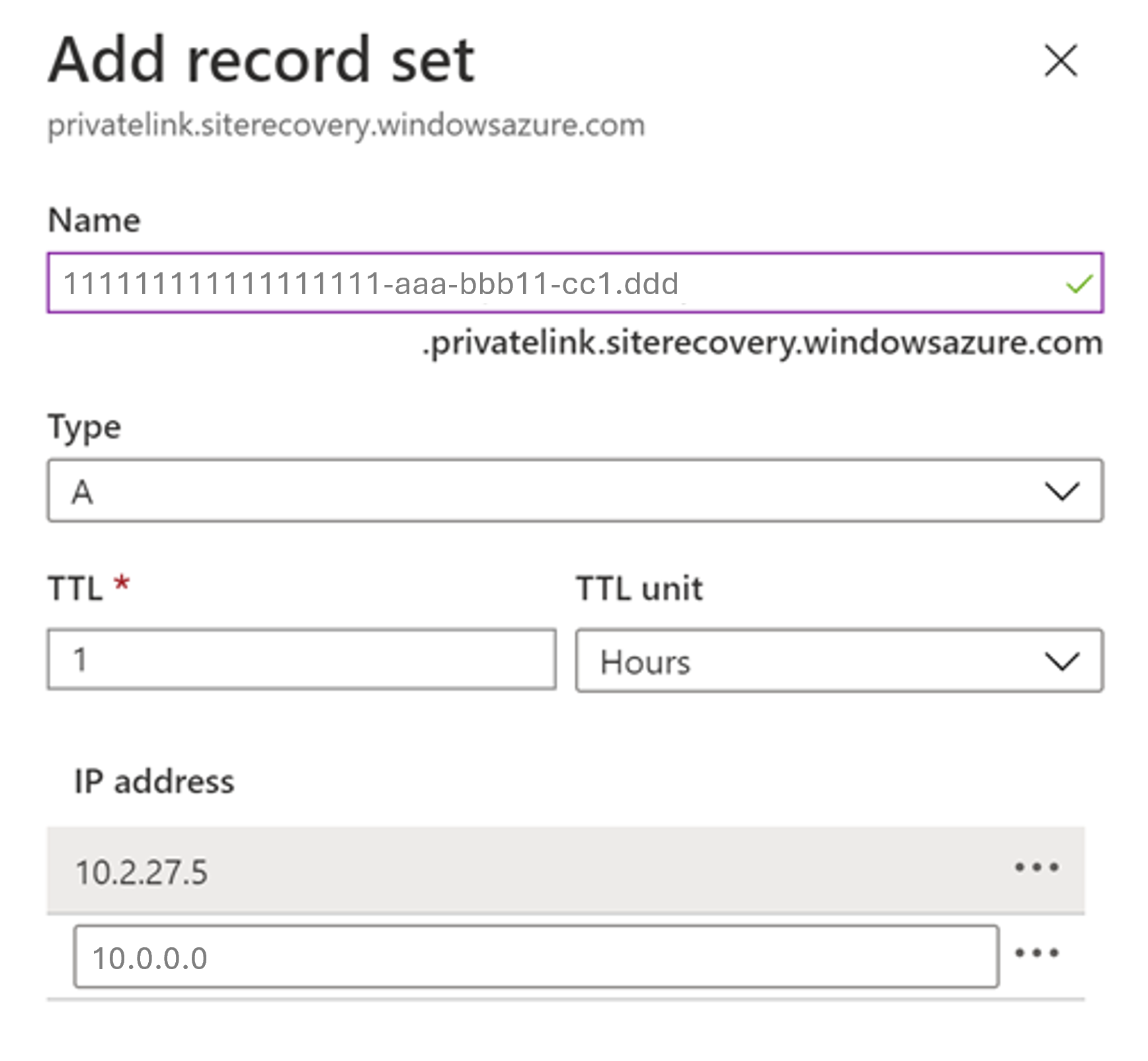 Toont de pagina voor het toevoegen van een DNS A-typerecord voor de volledig gekwalificeerde domeinnaam aan het privé-eindpunt in Azure Portal.