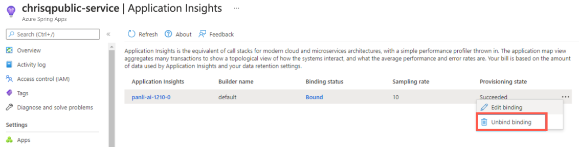 Schermopname van Azure Portal waarin het Azure Spring Apps-exemplaar wordt weergegeven met de Application Insights-pagina en de optie Binding ongedaan maken.