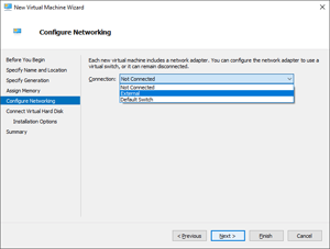Afbeelding van de locatie van het veld Netwerkverbinding in de wizard Nieuwe virtuele machine.