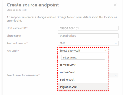 Screenshot of the Create Source pane showing the drop-down list containing a resource group's Key Vaults.