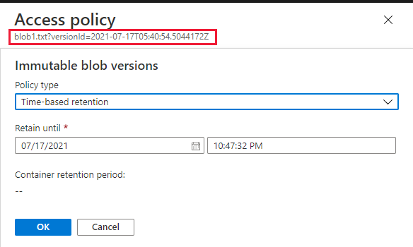 Schermopname die laat zien hoe u bewaarbeleid configureert voor een eerdere blobversie in Azure Portal