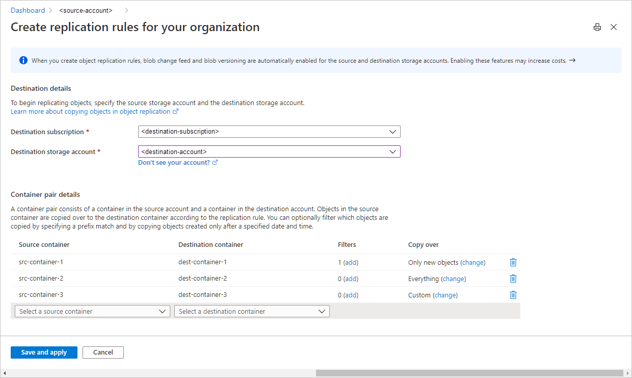 Screenshot showing replication rules in Azure portal