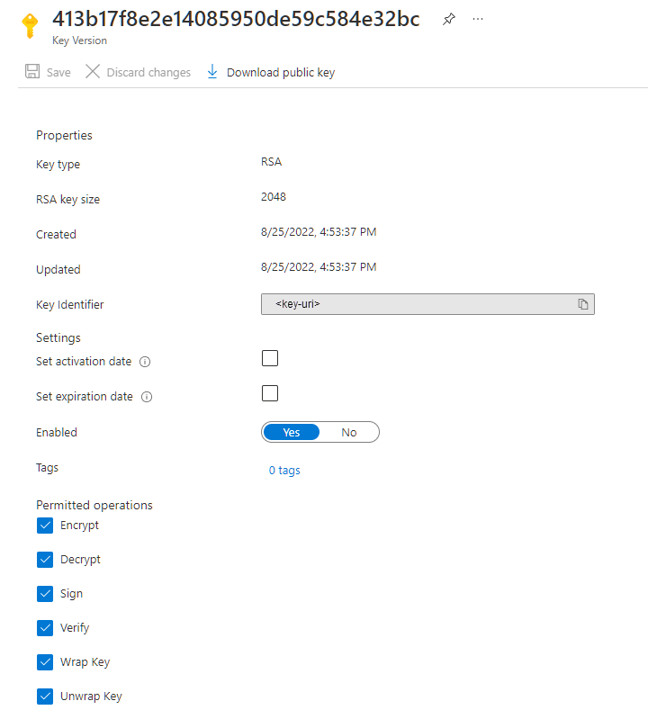 Schermopname van sleutel-URI van key vault in Azure Portal.