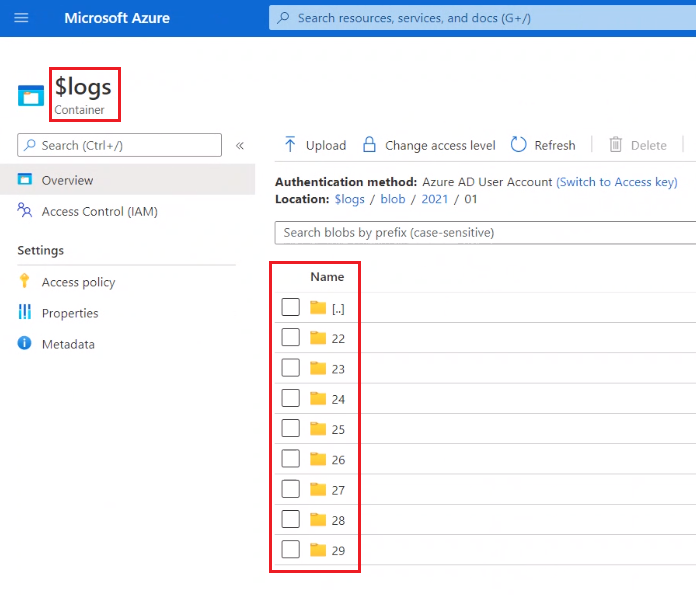 Lijst met logboekmappen in Azure Portal