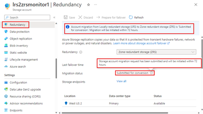 Schermopname van de status van de conversieaanvraag op de pagina Redundantie van Azure Portal.