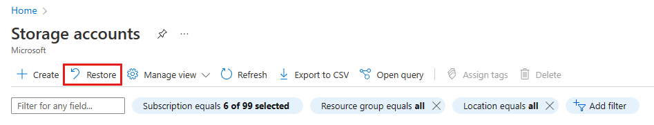 Schermopname van de knop Herstellen in Azure Portal.