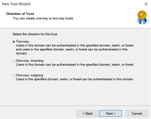 Schermopname van Active Directory-domein s en Trusts-console waarin wordt getoond hoe u een tweerichtingsrichting voor de vertrouwensrelatie selecteert.