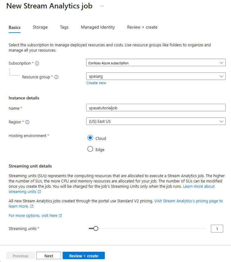 Schermopname van de pagina Azure Stream Analytics-taak maken.