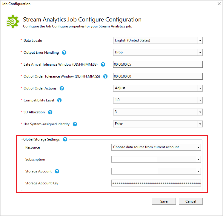 Configuratie van Stream Analytics-taak configureren wordt weergegeven met standaardwaarden. De algemene opslaginstellingen zijn gemarkeerd.