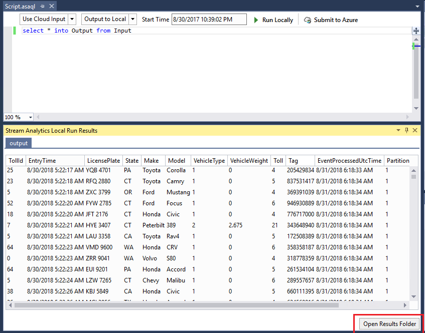 Map met resultaten openen in Azure Stream Analytics Visual Studio voor livegegevens