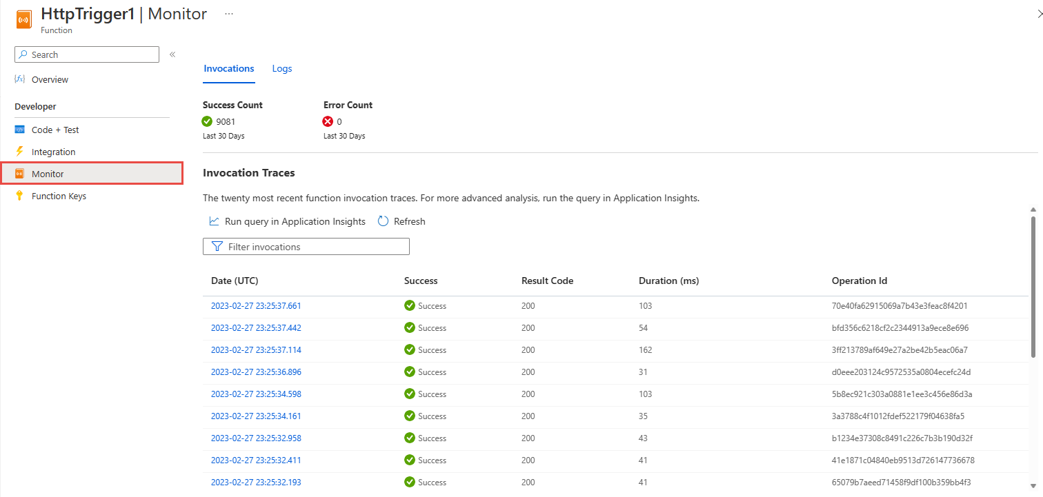 Schermopname van de pagina Monitor voor Azure Functions met functie-aanroepen.