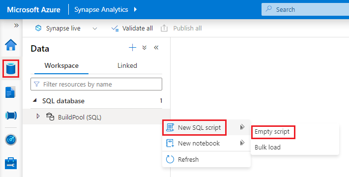Schermopname van het maken van een nieuw leeg SQL-script vanuit Synapse Studio.