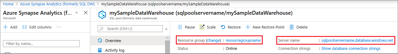 Schermopname van Azure Portal met de naam en resourcegroep van de toegewezen SQL-pool (voorheen SQL DW).