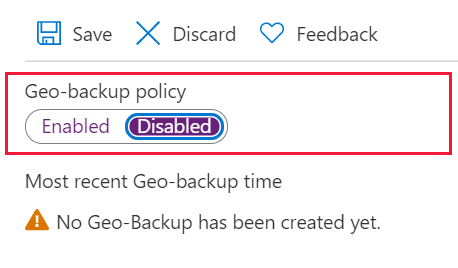 Een schermopname van Azure Portal van de optie geo-back-up uitschakelen.