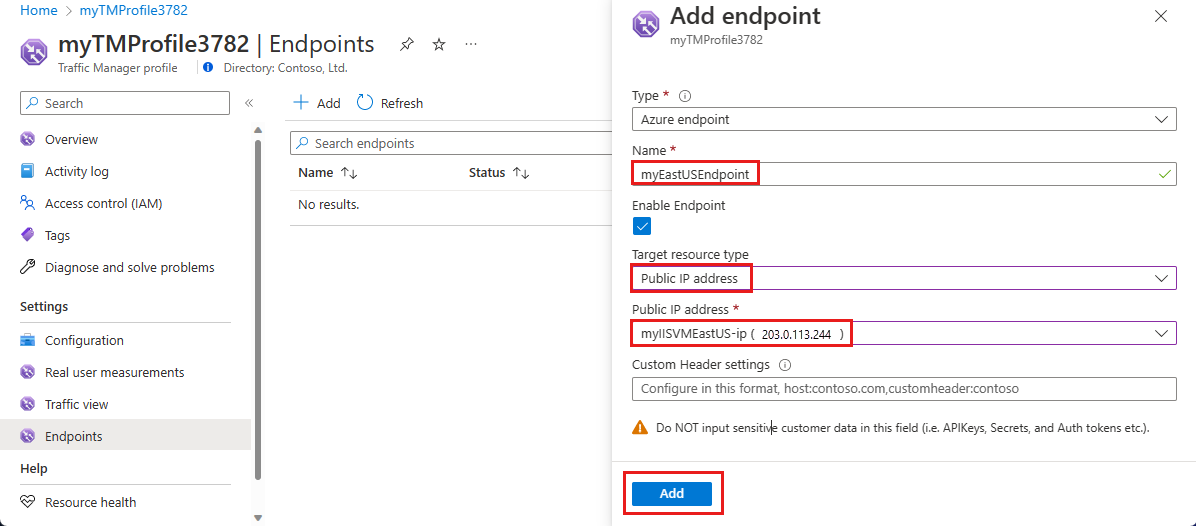 Schermopname van het configureren van een Traffic Manager-eindpunt.