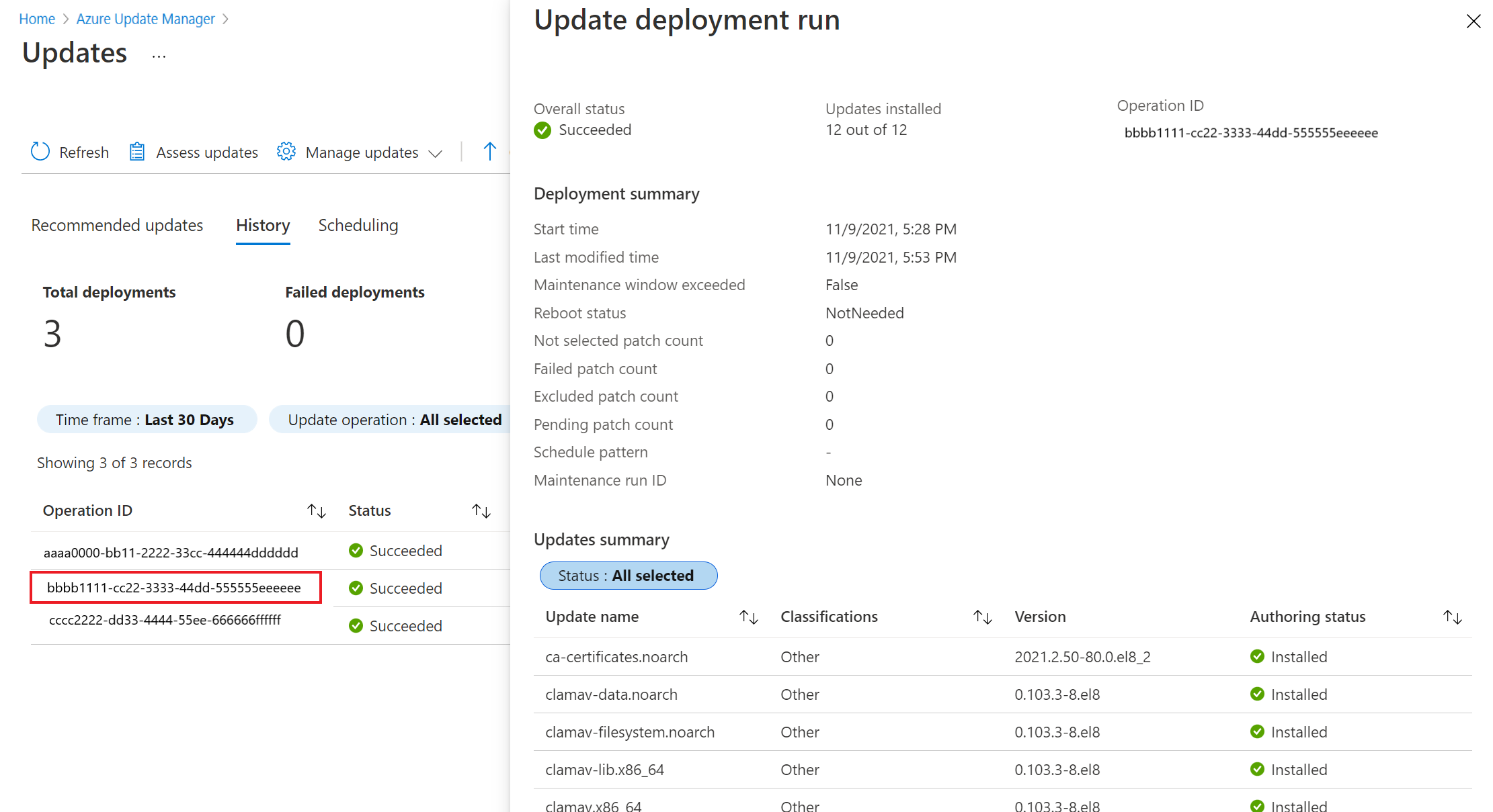 Schermopname van de pagina Update-implementatieuitvoering.