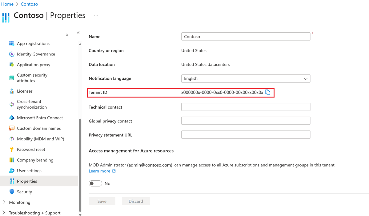 Een schermopname van de Eigenschappen van Microsoft Entra. Met de muis beweegt u de muisaanwijzer over het klembordpictogram voor Map-id om te kopiëren en plakken.