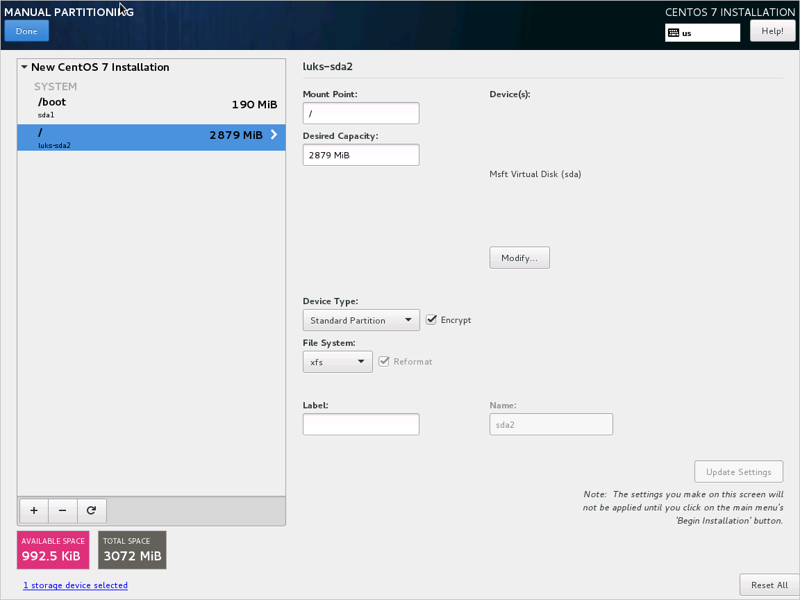 CentOS 7 Setup - Versleutelen selecteren voor hoofdpartitie