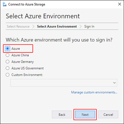 Schermopname van Azure Storage Explorer met de locatie van de optie Azure Environment gemarkeerd.