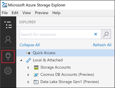 Schermopname van Azure Storage Explorer met de locatie van het pictogram Verbinding maken.