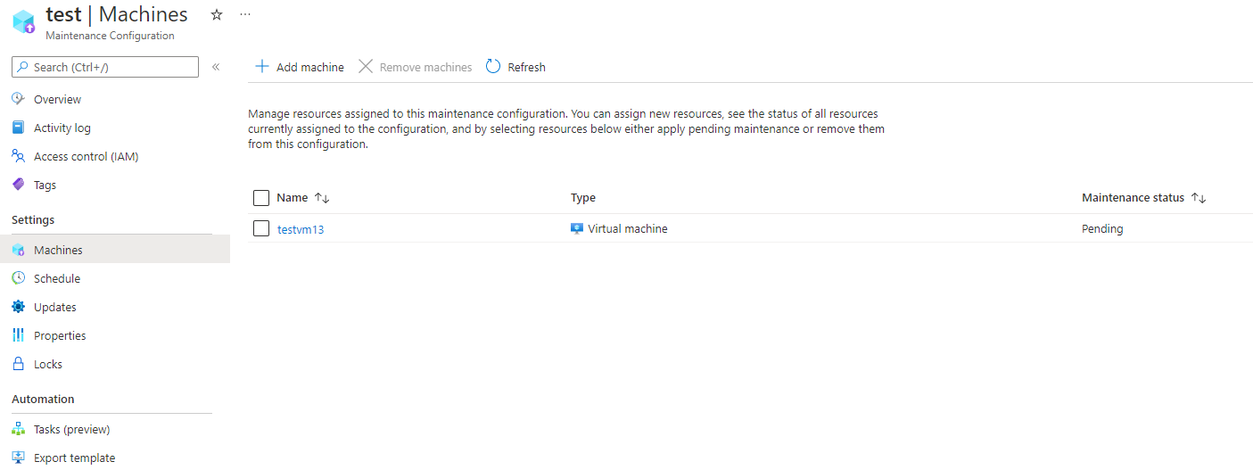 Schermopname van waar u een onderhoudsconfiguratie kunt controleren in Azure Portal.