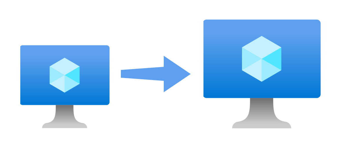 Een diagram met een kleiner Pictogram van een Virtuele Azure-machine met een groeiende pijl die verwijst naar een nieuw groter Azure VM-pictogram.