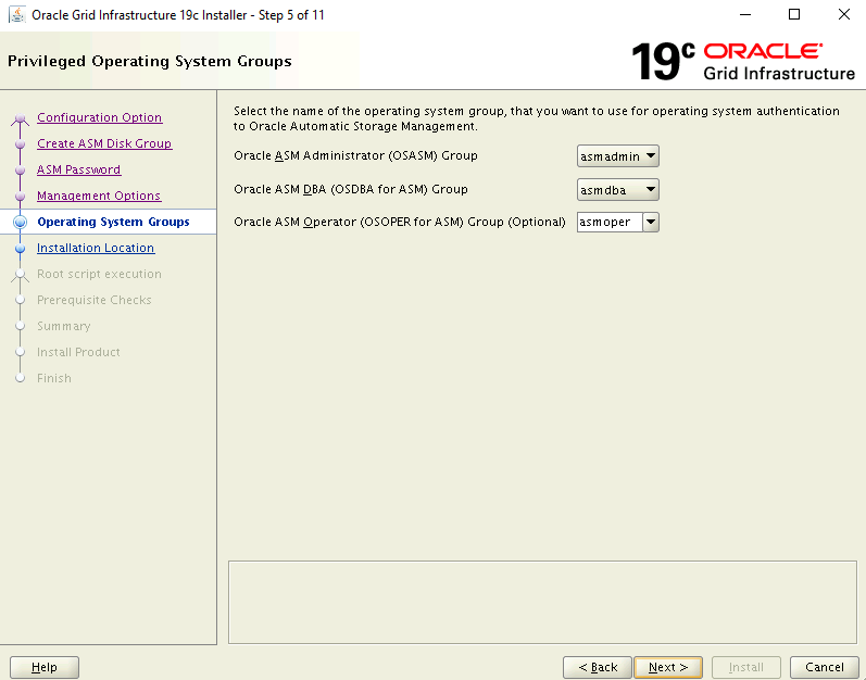 Schermopname van de pagina Privileged Operating System Groups van het installatieprogramma.