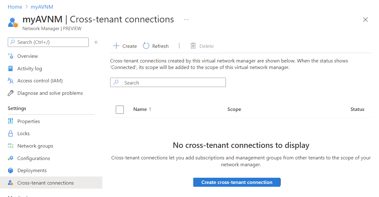 Schermopname van verbindingen tussen tenants in een netwerkbeheerder.