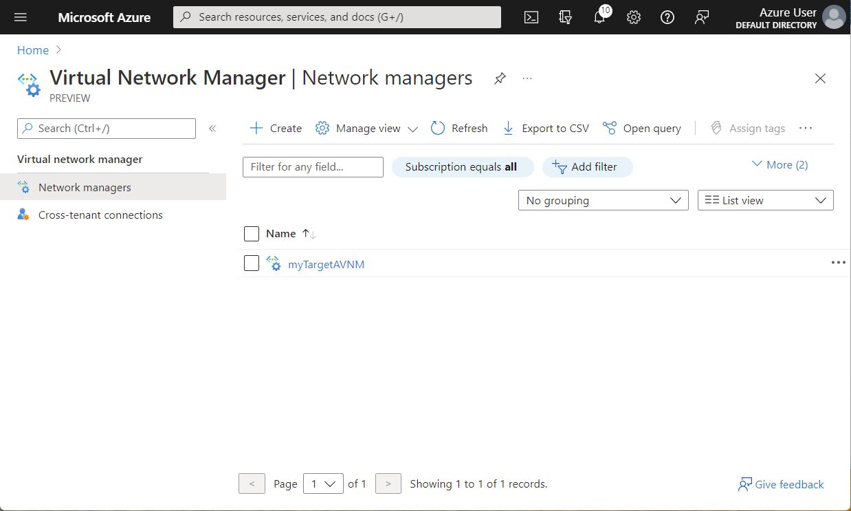 Schermopname van netwerkbeheerders in Virtual Network Manager op een doeltenant.