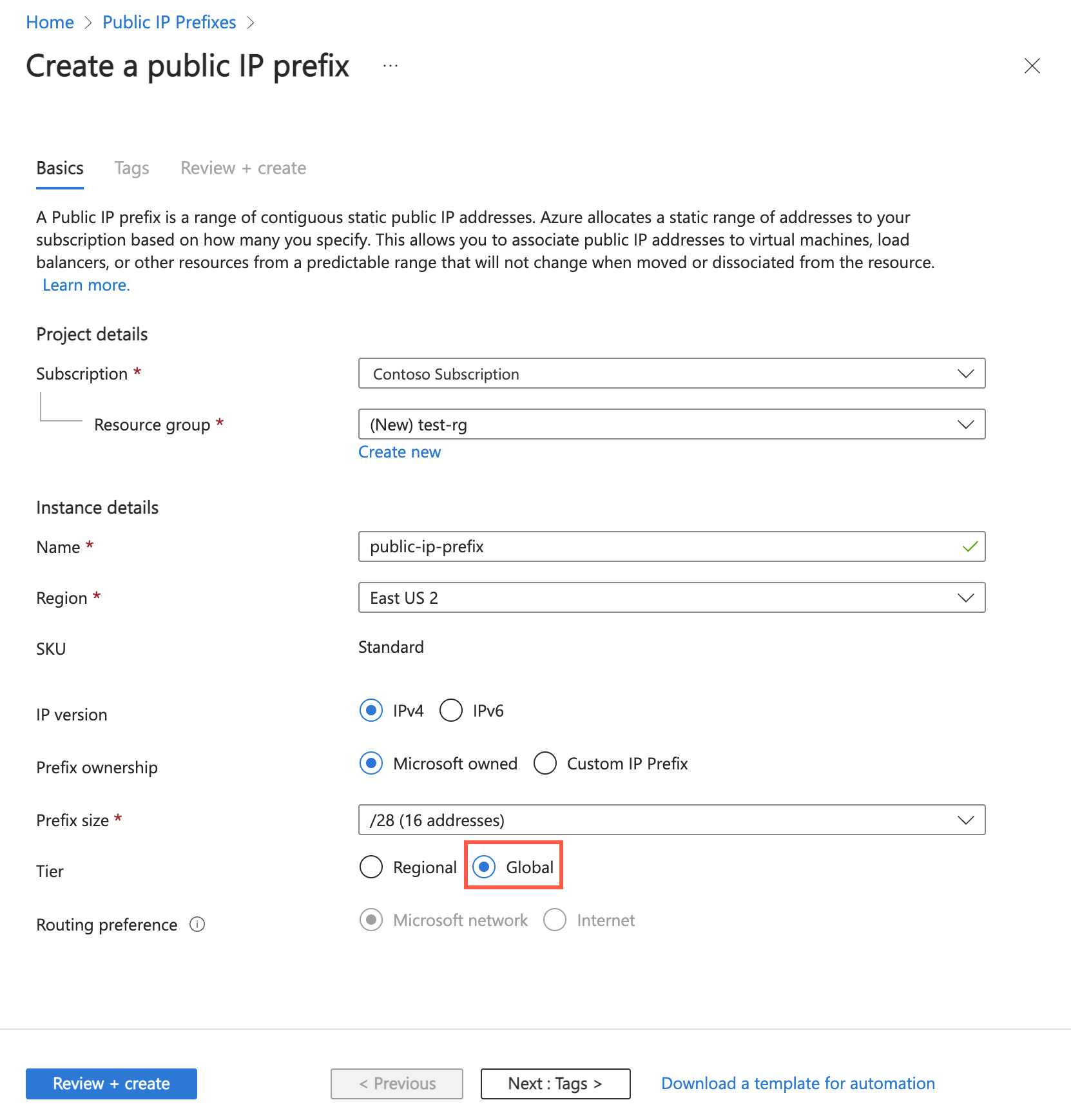 Schermopname van het voorvoegsel voor het openbare IP-adres maken met de globale laag in Azure Portal.