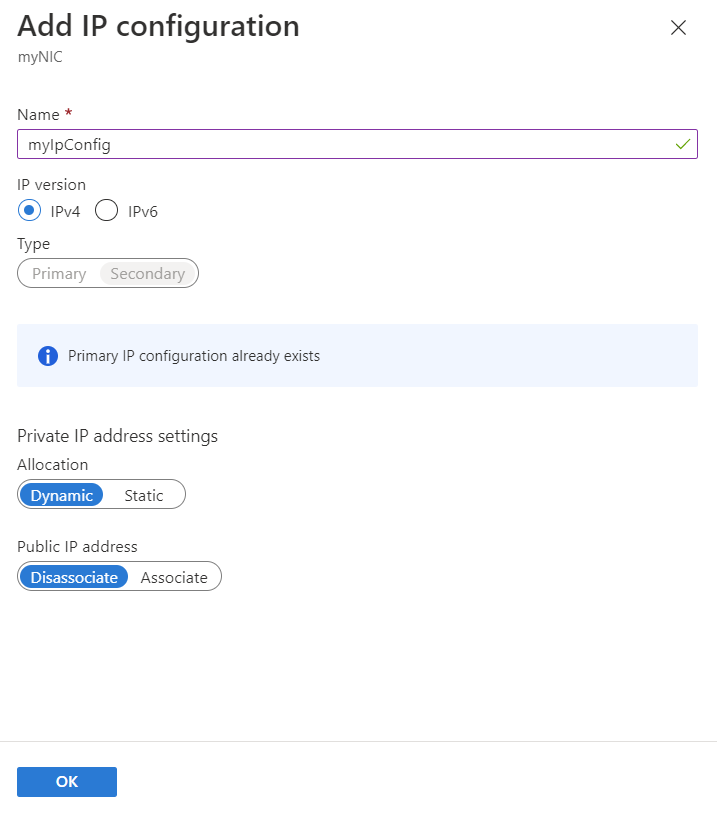 Schermopname van de pagina I P-configuratie toevoegen in Azure Portal.