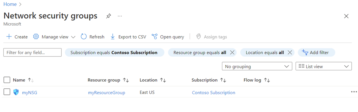 Schermopname van de lijst met netwerkbeveiligingsgroepen in Azure Portal.
