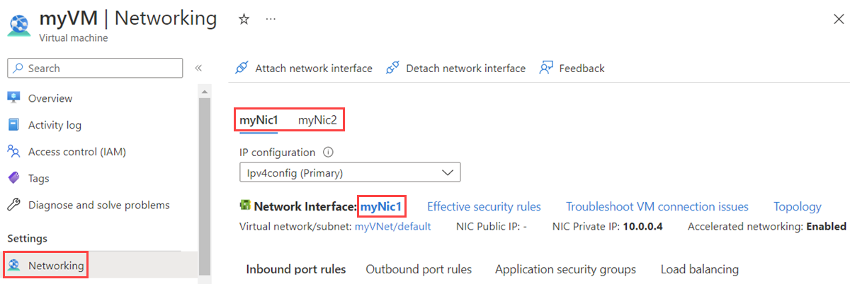 Schermopname van de netwerkinterface die is gekoppeld aan een virtuele machine in Azure Portal.