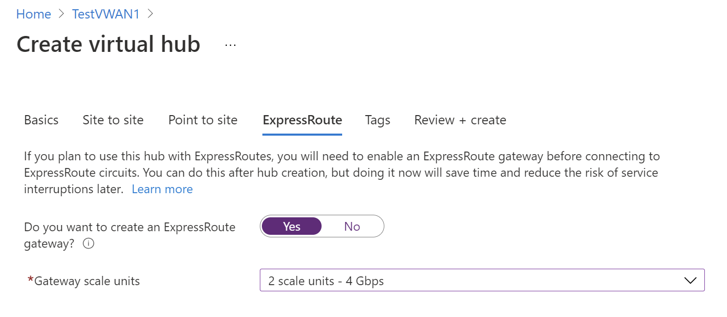 Schermopname van gatewayschaaleenheden voor ExpressRoute.