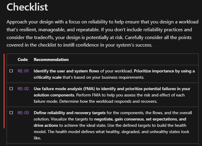 Schermopname met een controlelijst van het Well-Architected Framework.