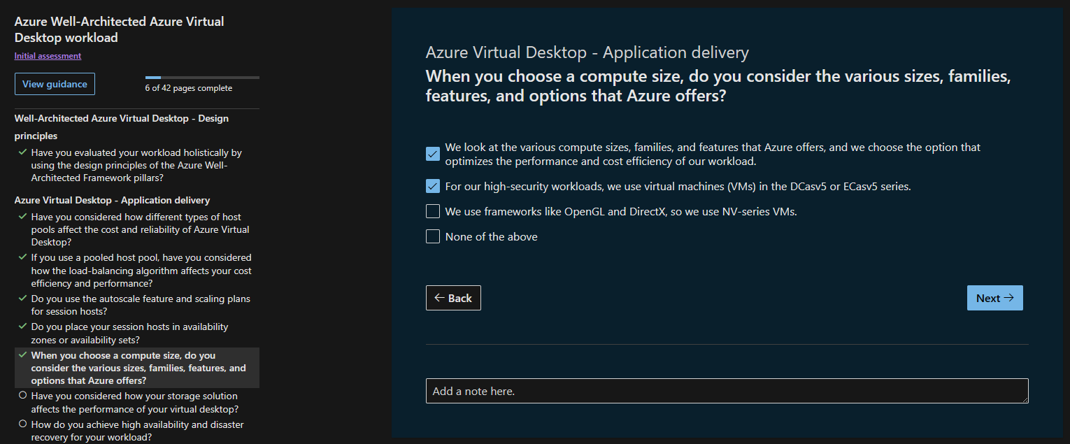 Schermopname van een vraag in de Azure Virtual Desktop-evaluatie. Er zijn enkele antwoorden geselecteerd. Aan de linkerkant is een overzicht van de evaluatie zichtbaar.