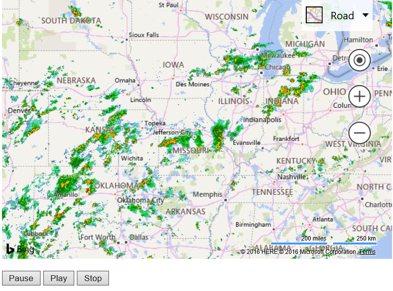 Screenshot of a Bing map that shows weather radar data over the map with pause, play, and stop buttons below the map.