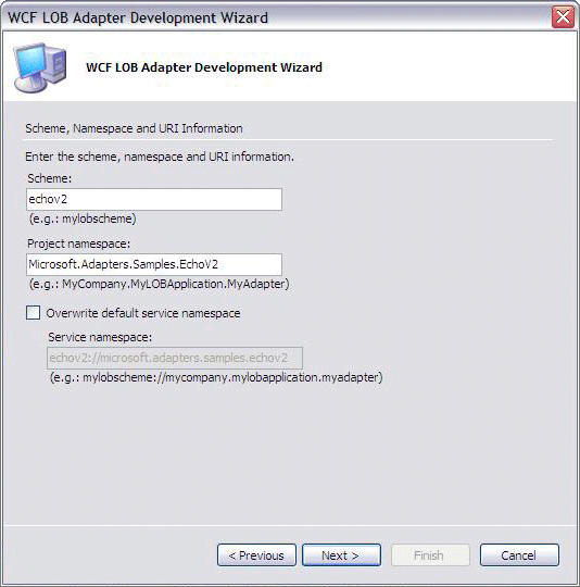 Screenshot that shows the Scheme, Namespace, and URI Information page.