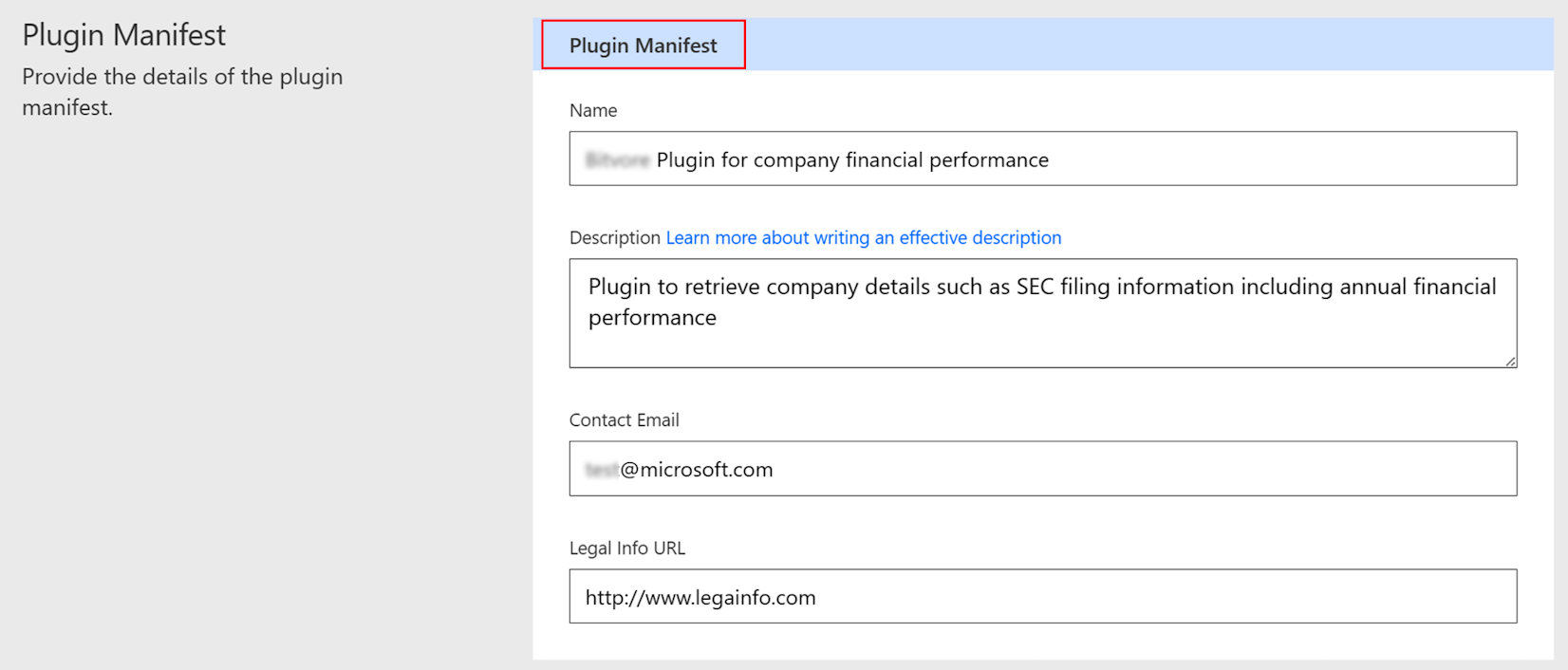 Schermafbeelding van de velden op de pagina 'Plugin manifest'.