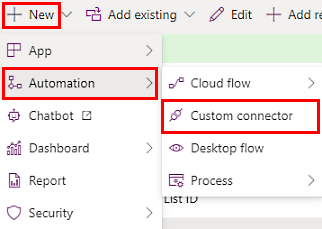 Schermopname van het nieuwe menu voor aangepaste connectors.