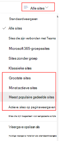 Selecteer actieve sites in het SharePoint-beheercentrum en gebruik vervolgens het filter Alle sites.