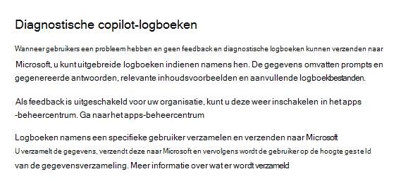 Schermopname waarmee beheerders Microsoft 365 Copilot diagnostische logboeken in de Microsoft 365-beheercentrum kunnen verzamelen.