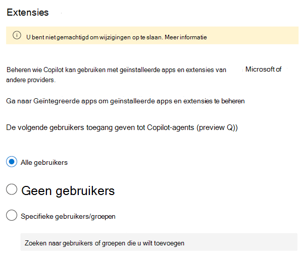 Schermopname waarin u kunt toestaan of blokkeren dat gebruikers Microsoft 365 Copilot extensies en agents in de Microsoft 365-beheercentrum gebruiken.