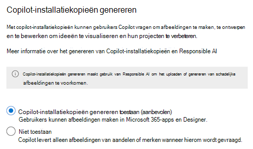 Schermopname waarmee beheerders toestaan of voorkomen dat eindgebruikers afbeeldingen maken met behulp van Microsoft 365 Copilot in de Microsoft 365-beheercentrum.