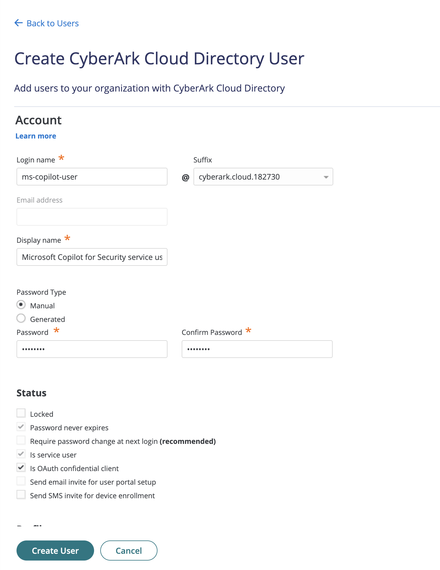 Screenshot showing the Create User screen with required field to fill in.