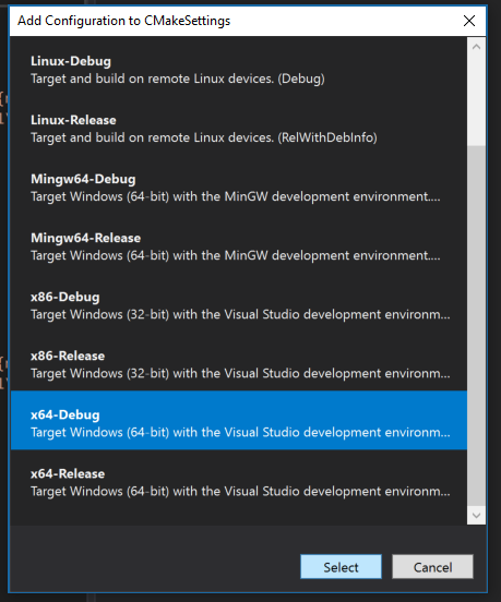 Screenshot of the Add Configuration to CMakeSettings dialog. It has entries such as Linux-Debug, x86-Debug. x64-Debug is selected.