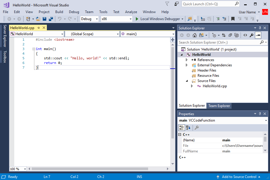 schermopname van de broncode Hello World in de Visual Studio-editor.