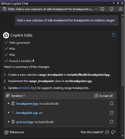 A screenshot of the GitHub Copilot Chat window displaying the files it edited.