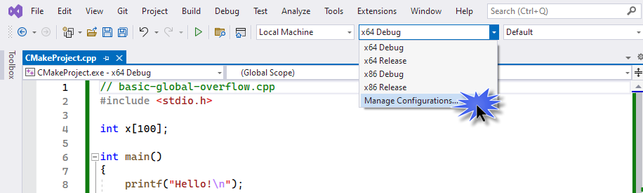 Screenshot of the CMake configuration dropdown. It displays options like x64 Debug, x64 Release, and so on. At the bottom of the list, Manage Configurations... is highlighted.